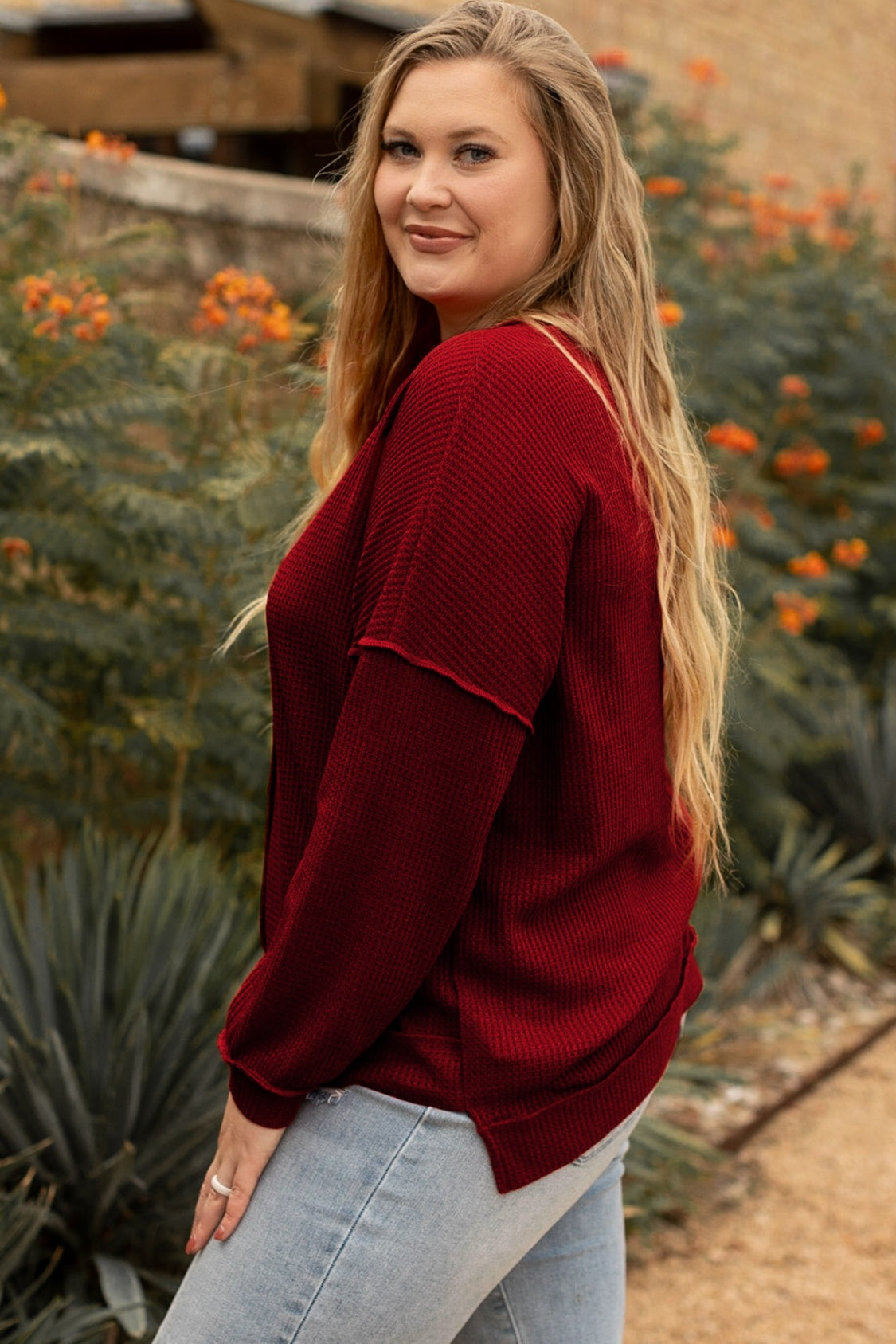 Plus Size Exposed Seam Waffle-Knit High-Low Sweatshirt - UrbanEthereal