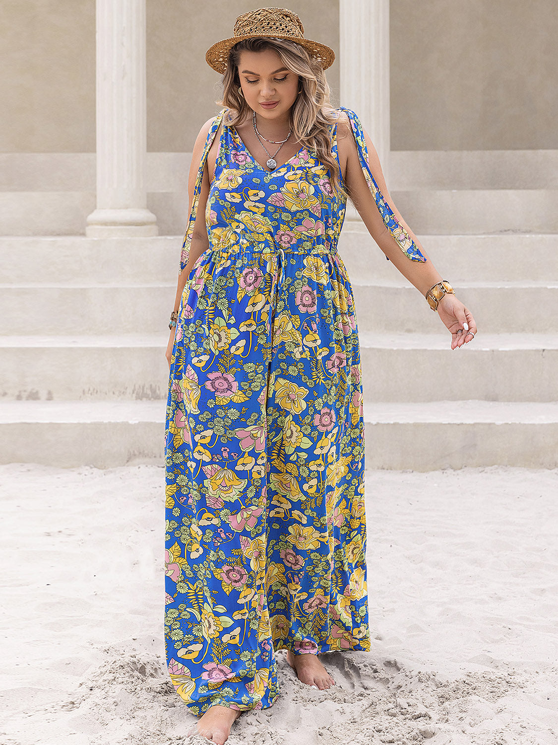 Plus Size Printed V-Neck Wide Leg Jumpsuit - UrbanEthereal