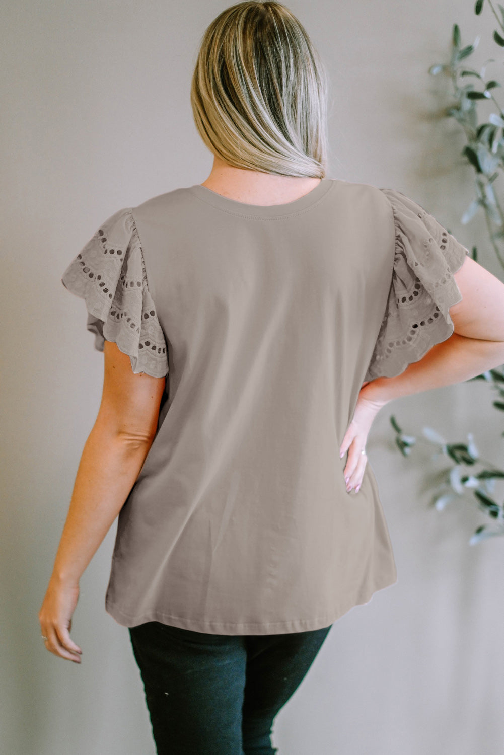 Plus Size Eyelet Round Neck Short Sleeve Blouse - UrbanEthereal
