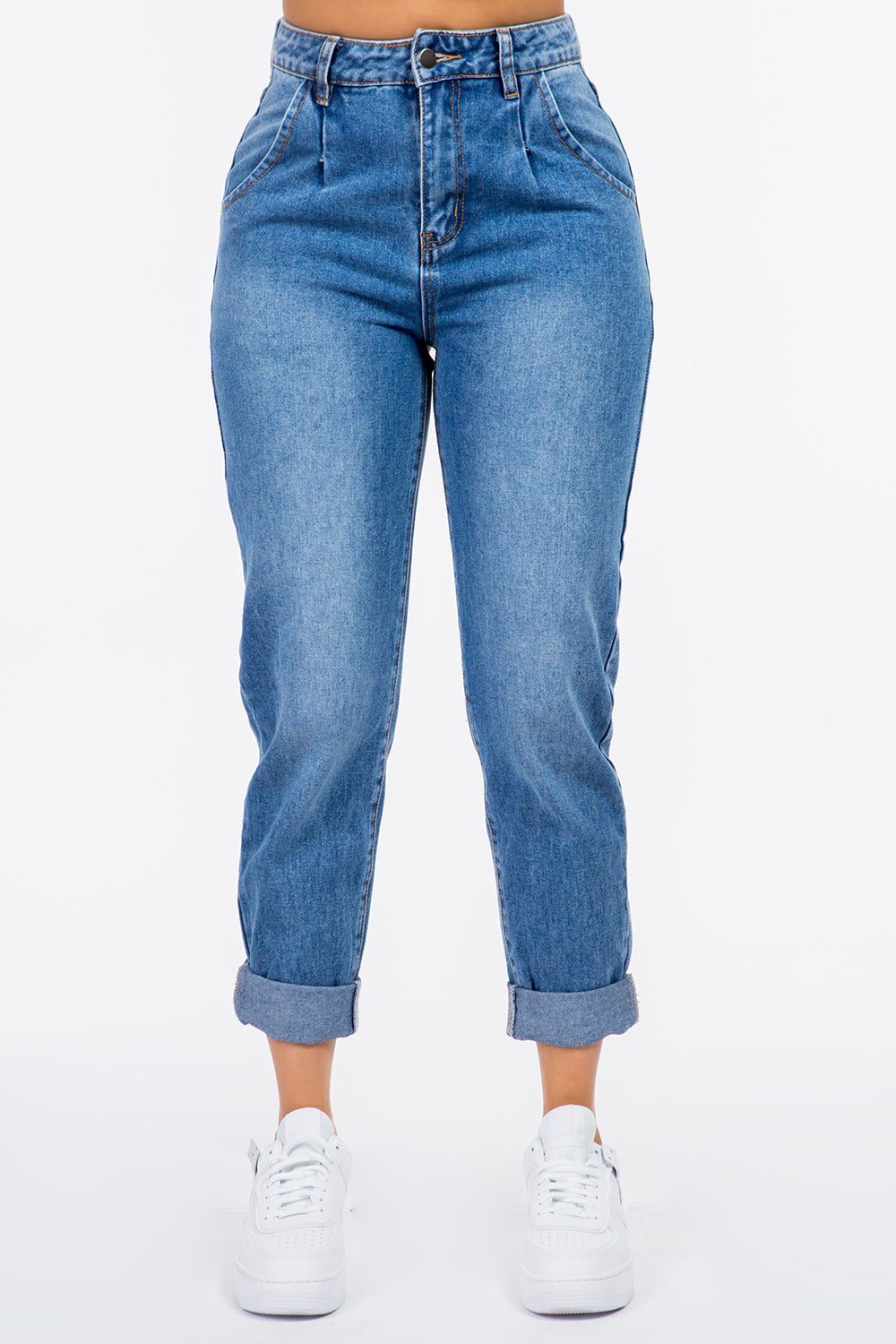 American Bazi High Waist Pleated Waist Mom Jeans - UrbanEthereal