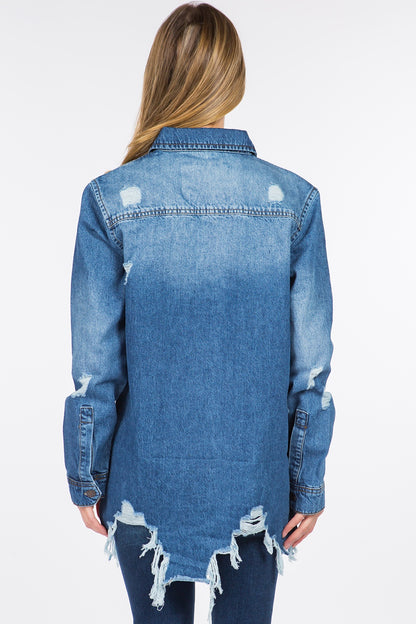 American Bazi Distressed Frayed Hem Denim Jacket - UrbanEthereal