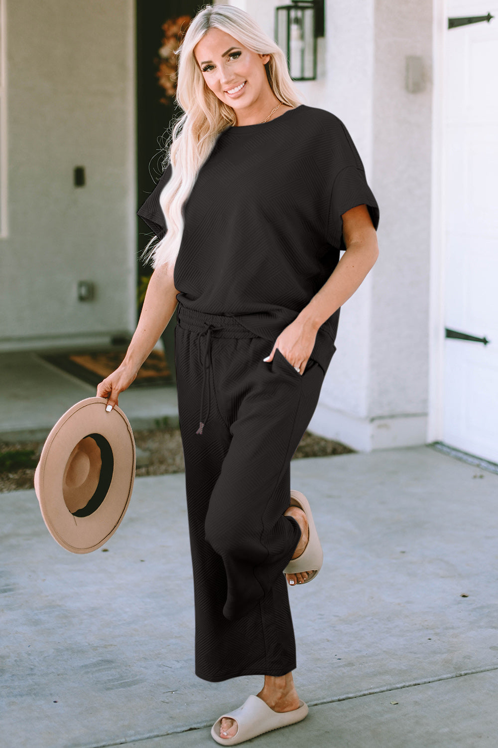 Double Take Full Size Texture Short Sleeve Top and Pants Set - UrbanEthereal