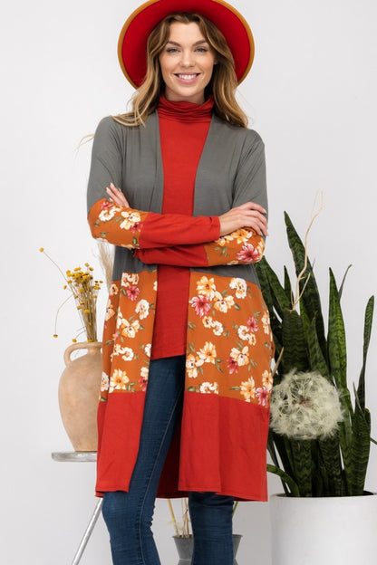 Celeste Full Size Floral Color Block Open Front Cardigan - UrbanEthereal