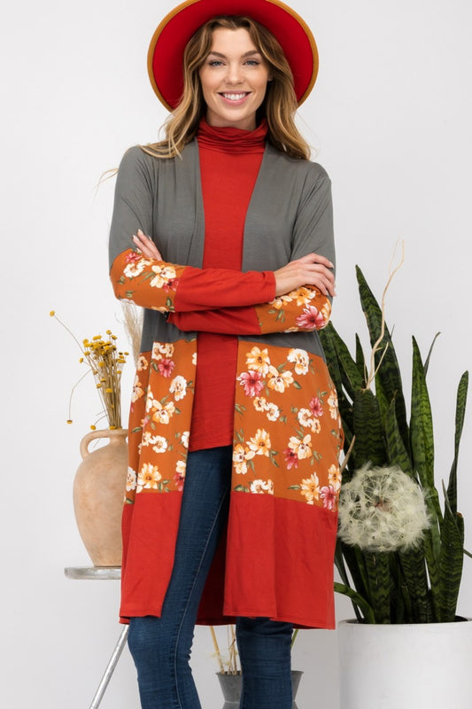 Celeste Full Size Floral Color Block Open Front Cardigan - UrbanEthereal