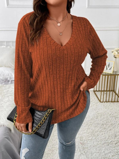 Plus Size V-Neck Long Sleeve T-Shirt - UrbanEthereal