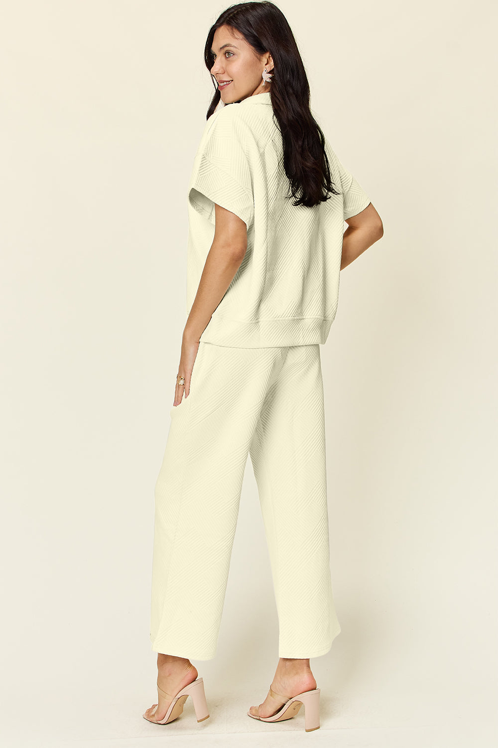 Double Take Full Size Texture Half Zip Short Sleeve Top and Pants Set - UrbanEthereal