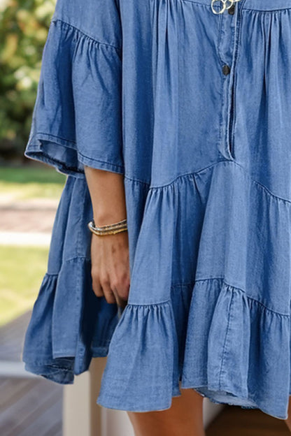 Notched Flare Sleeve Denim Dress