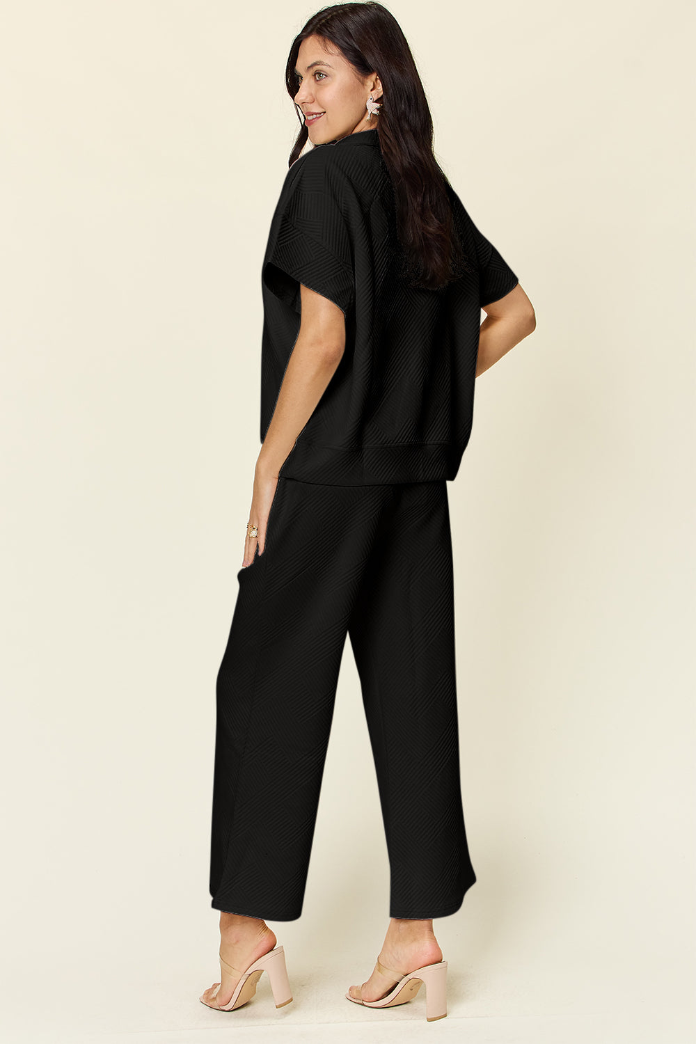 Double Take Full Size Texture Half Zip Short Sleeve Top and Pants Set - UrbanEthereal