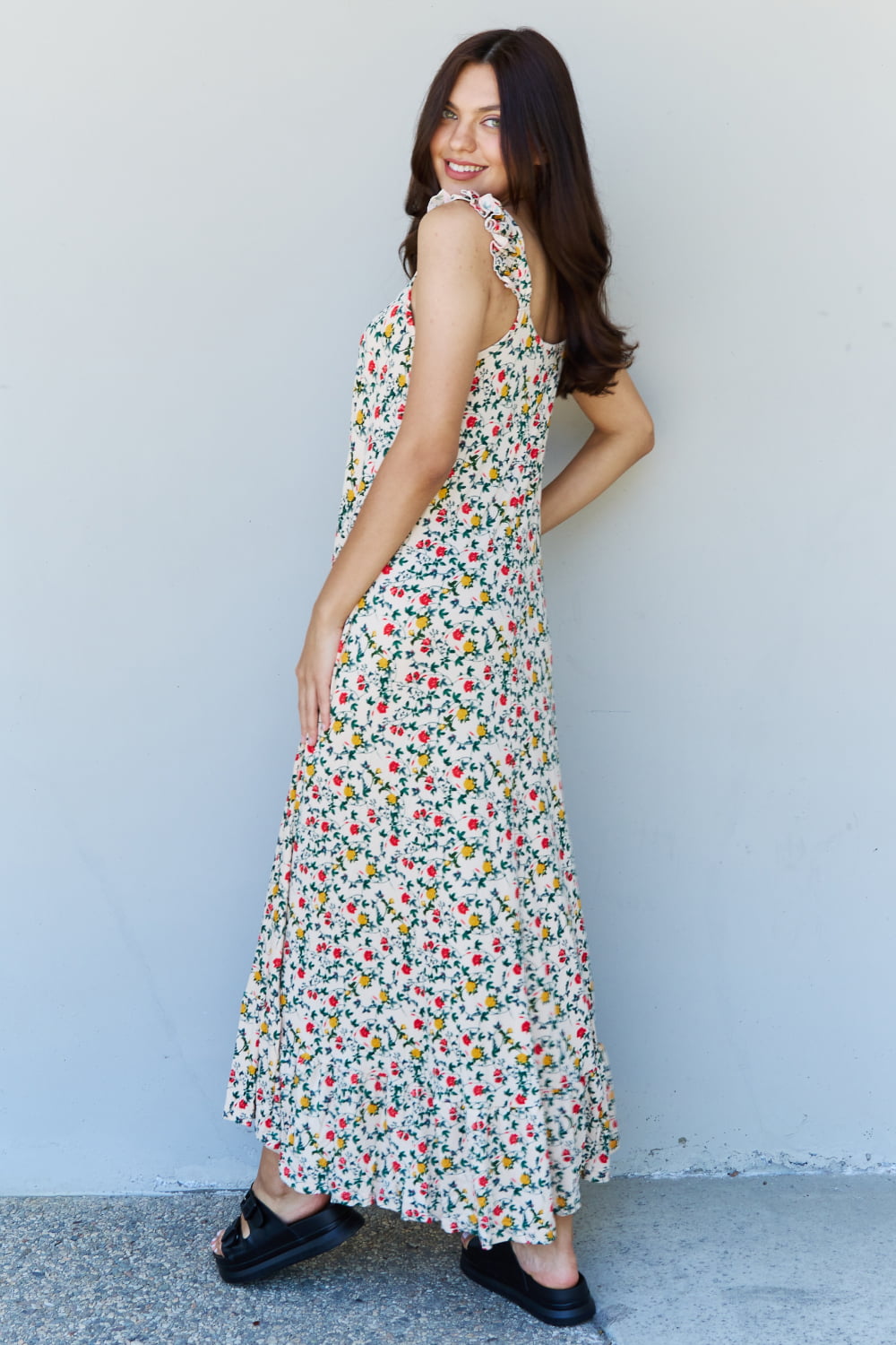 Doublju In The Garden Ruffle Floral Maxi Dress in Natural Rose - UrbanEthereal