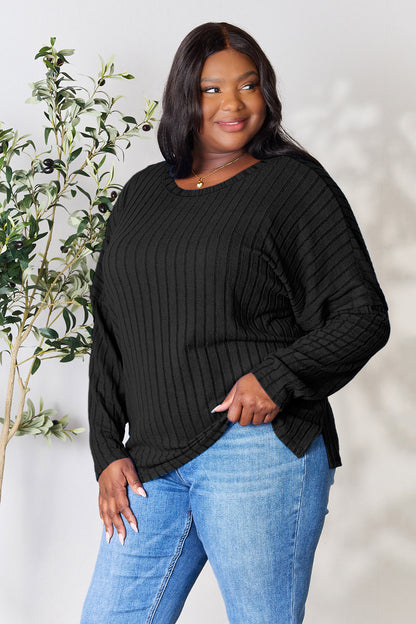 Basic Bae Full Size Ribbed Round Neck Slit Knit Top - UrbanEthereal
