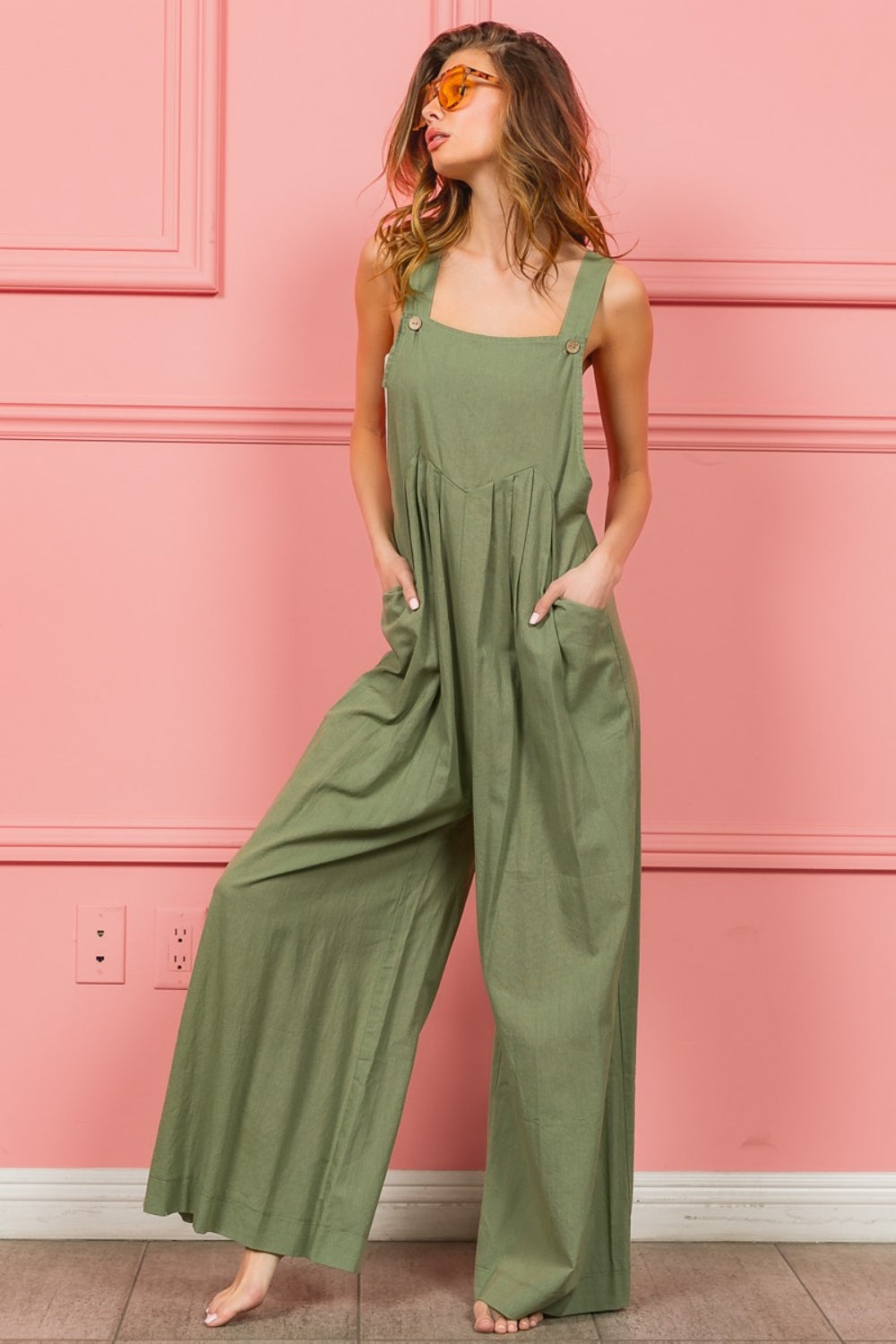 BiBi Ruched Wide Leg Overalls with Pockets - UrbanEthereal