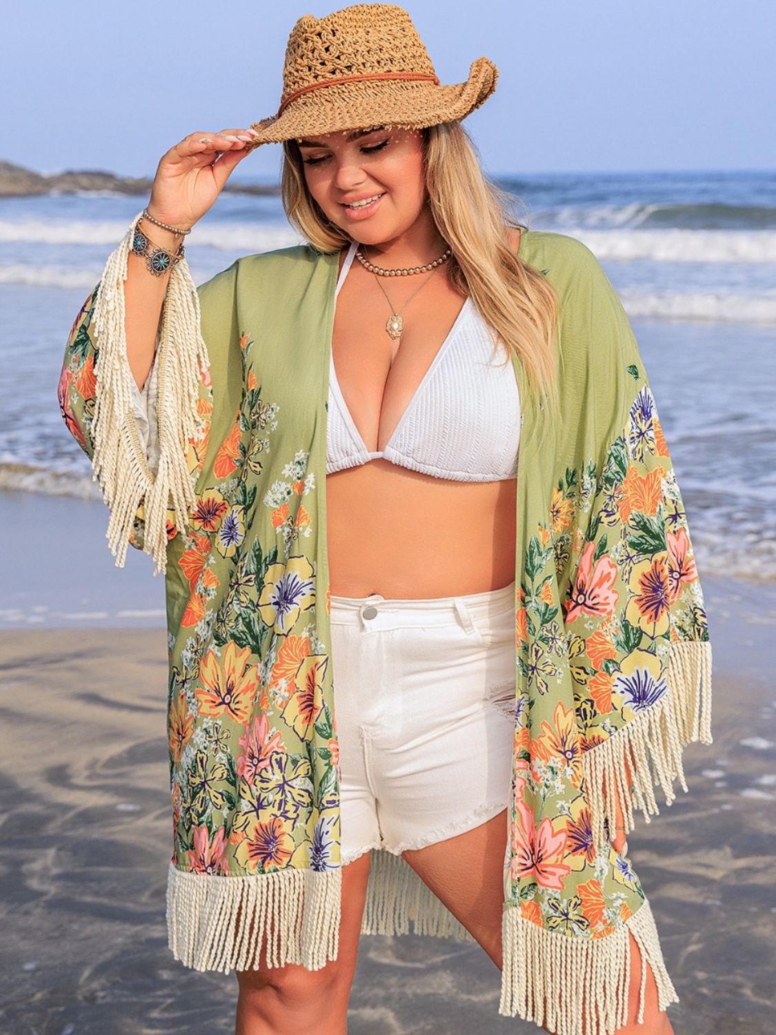 Plus Size Fringe Open Front Cover-Up - UrbanEthereal