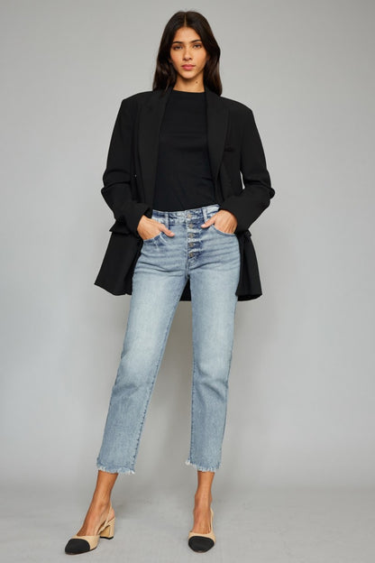 Kancan High Waist Button Fly Raw Hem Cropped Straight Jeans - UrbanEthereal