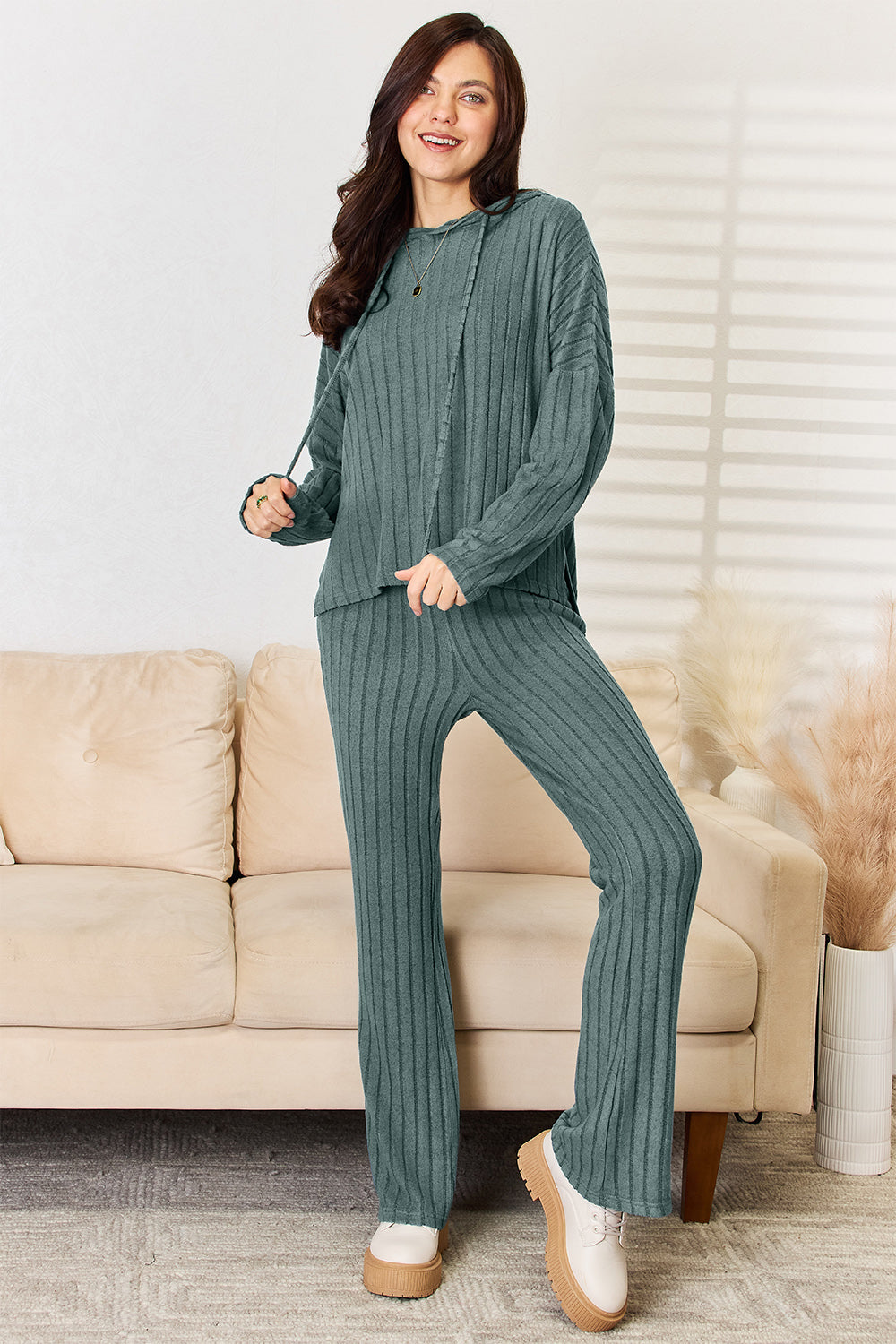 Basic Bae Full Size Ribbed Drawstring Hooded Top and Straight Pants Set - UrbanEthereal