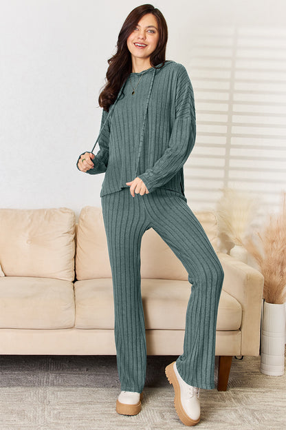 Basic Bae Full Size Ribbed Drawstring Hooded Top and Straight Pants Set - UrbanEthereal