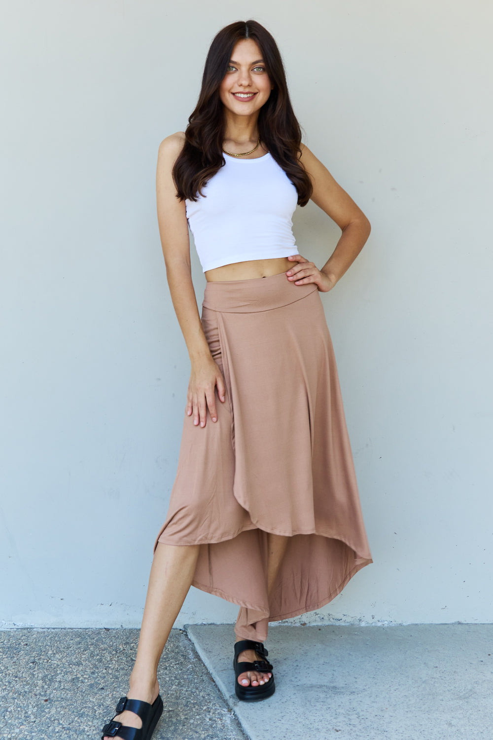 Ninexis First Choice High Waisted Flare Maxi Skirt in Camel - UrbanEthereal