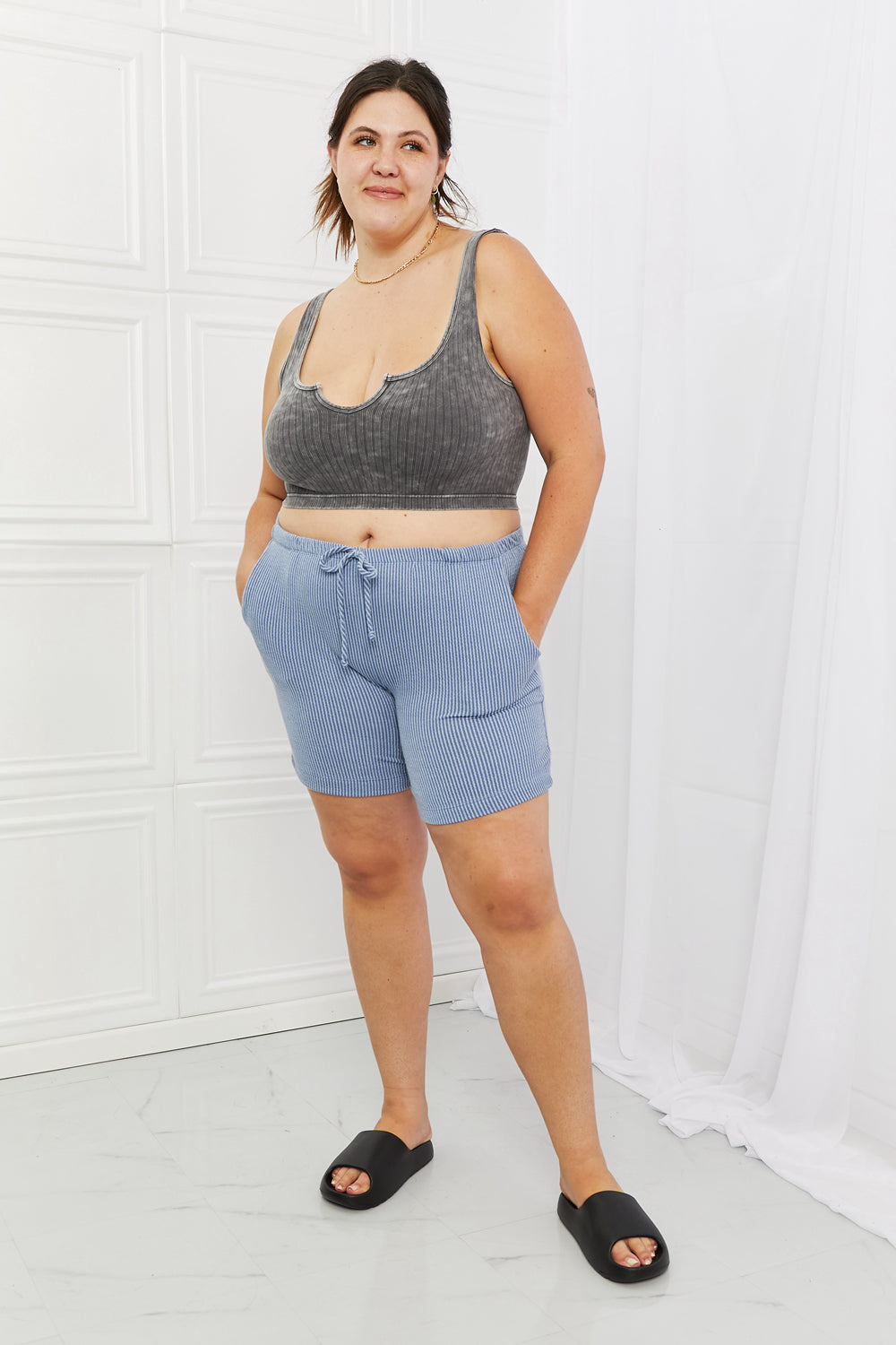 Blumin Apparel Too Good Full Size Ribbed Shorts in Misty Blue - UrbanEthereal