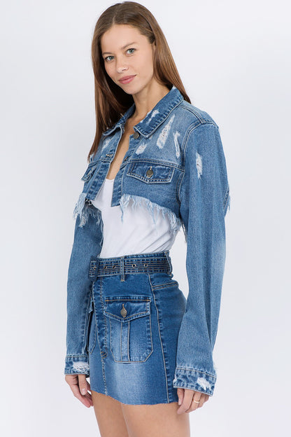 American Bazi Distressed Denim Jacket with Frayed Hem - UrbanEthereal