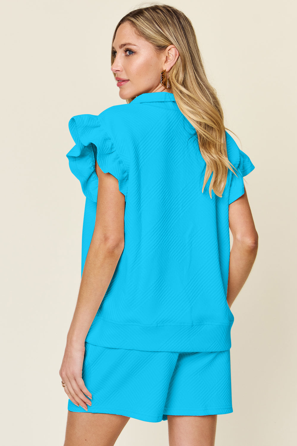 Double Take Full Size Texture Flounce Sleeve Top and Drawstring Shorts Set - UrbanEthereal