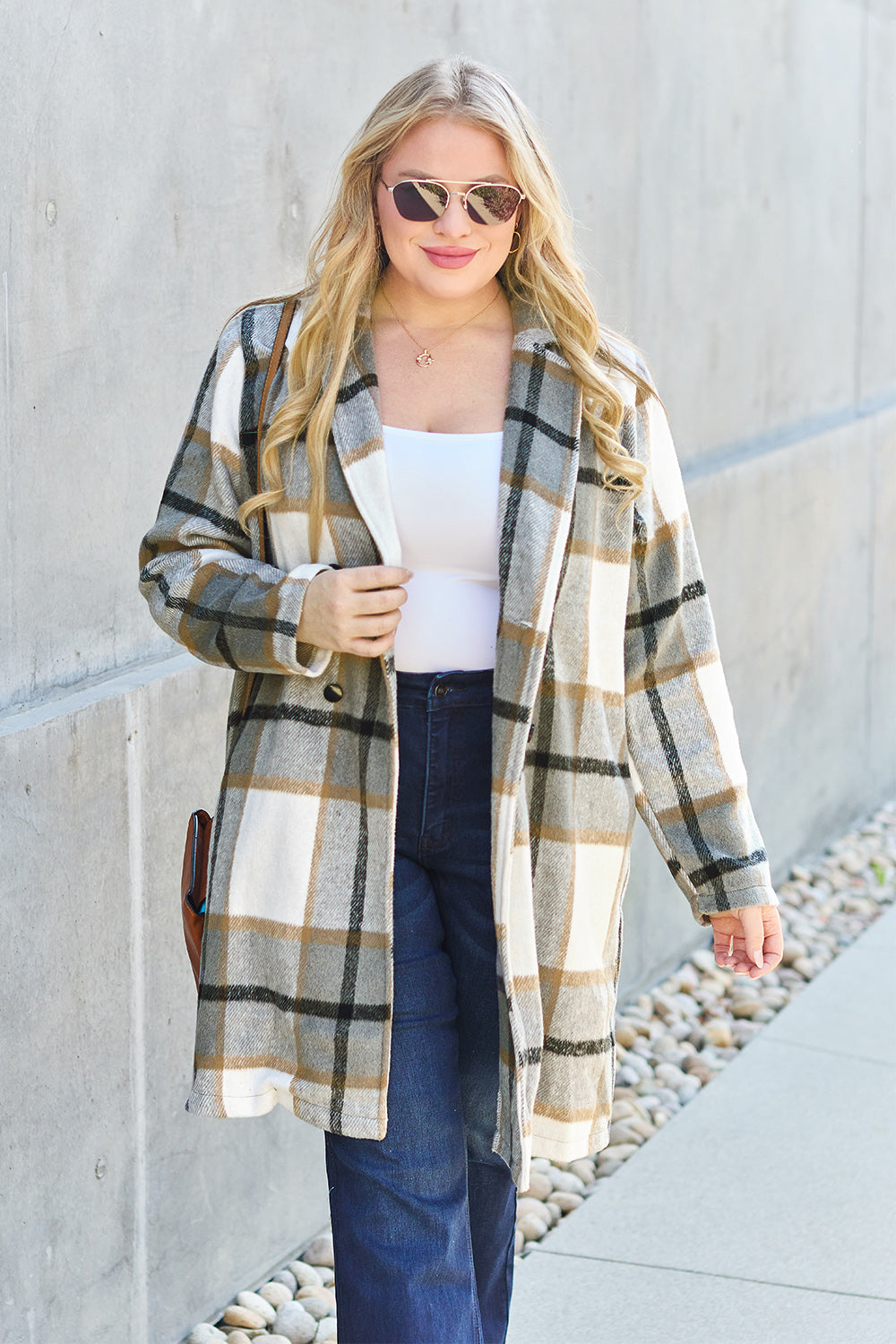Double Take Full Size Plaid Button Up Lapel Collar Coat - UrbanEthereal