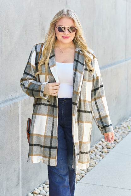 Double Take Full Size Plaid Button Up Lapel Collar Coat - UrbanEthereal