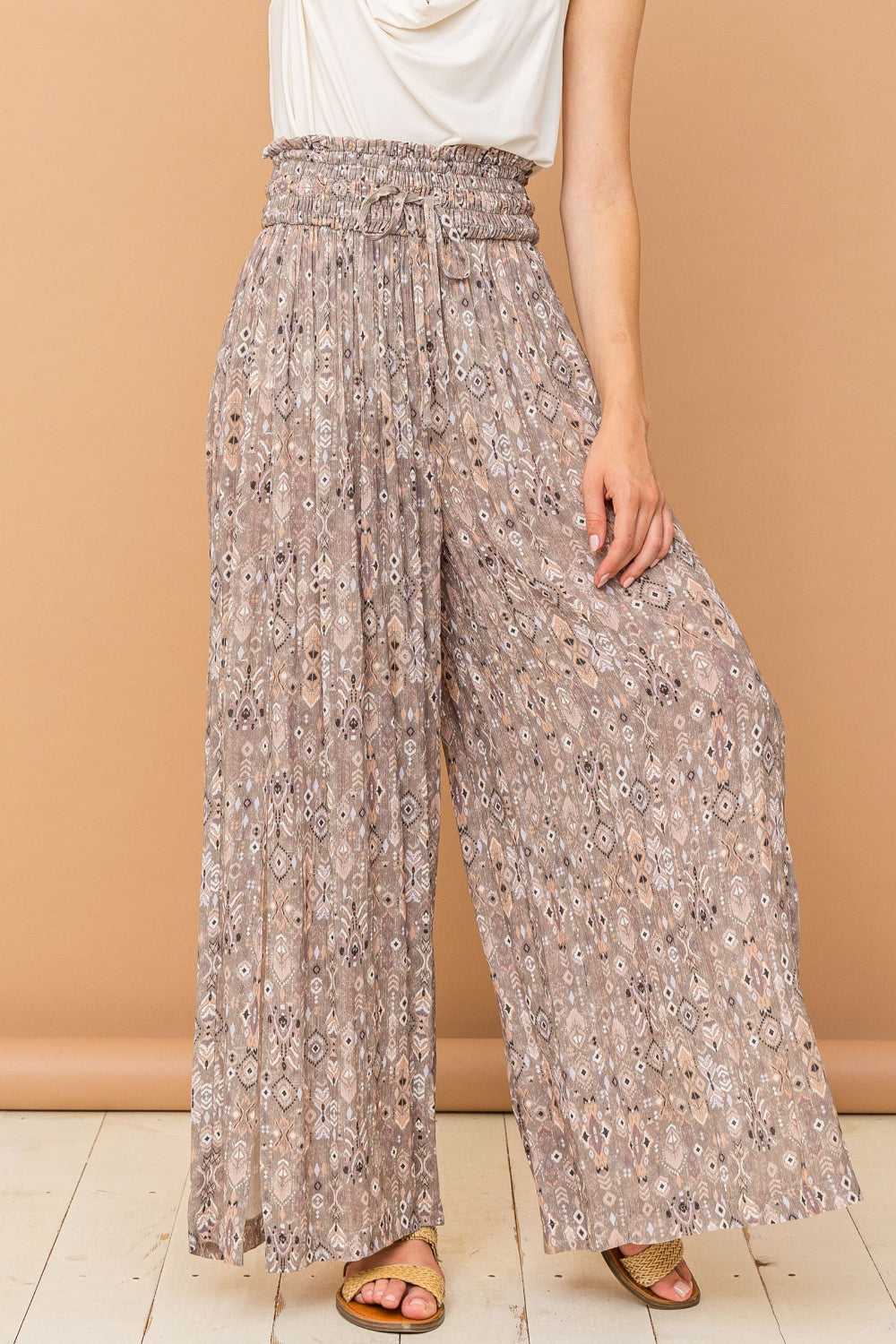 And The Why Printed Smocked Waist Slit Wide Leg Pants - UrbanEthereal