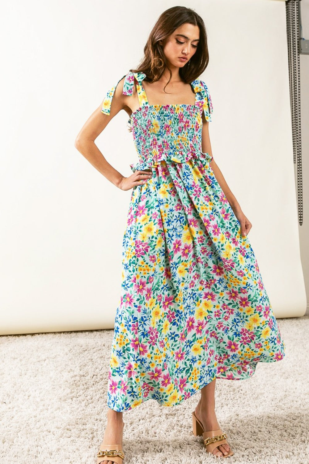 BiBi Floral Ruffle Trim Smocked Cami Dress - UrbanEthereal