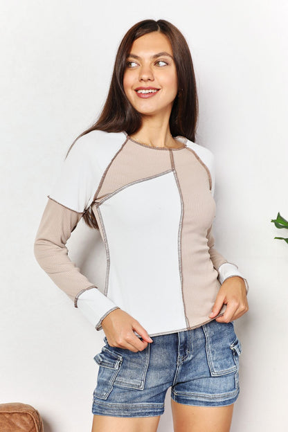 Double Take Color Block Exposed Seam Top - UrbanEthereal