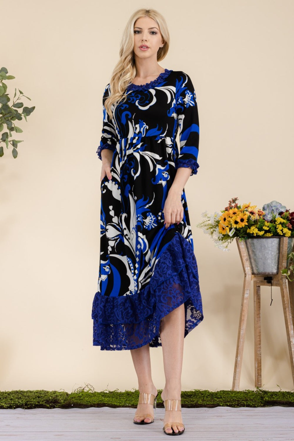 Celeste Full Size Paisley Print Lace Ruffled Midi Dress - UrbanEthereal