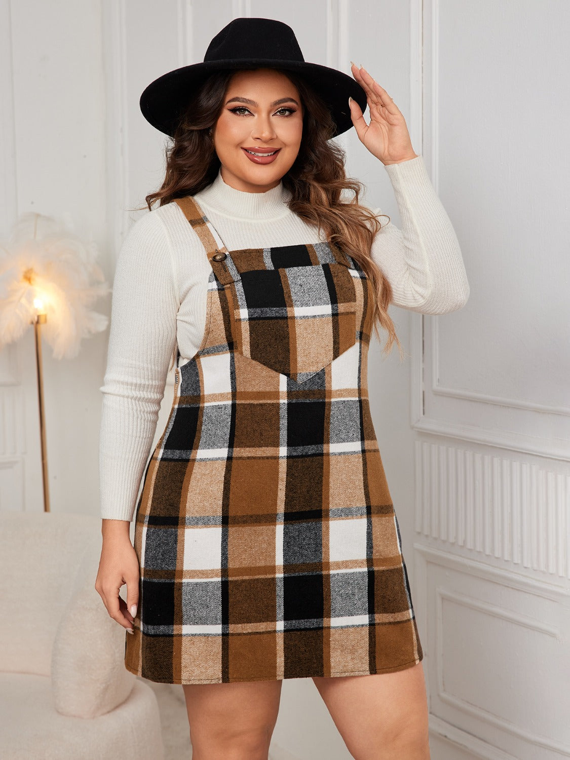 Plus Size Plaid Wide Strap Overall Dress - UrbanEthereal