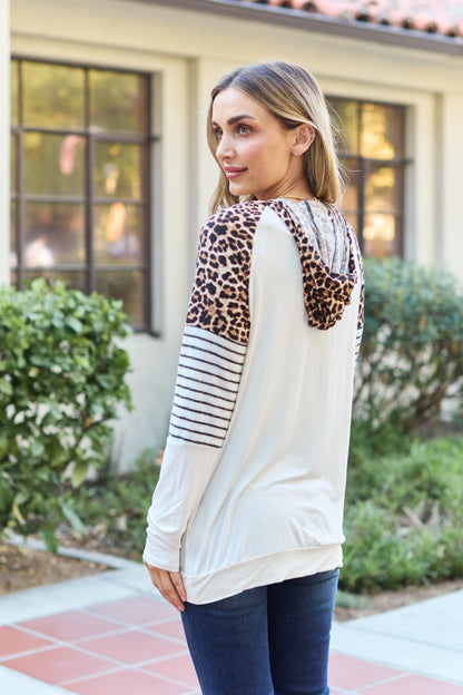 Celeste Design Full Size Leopard Contrast Drawstring Hoodie - UrbanEthereal
