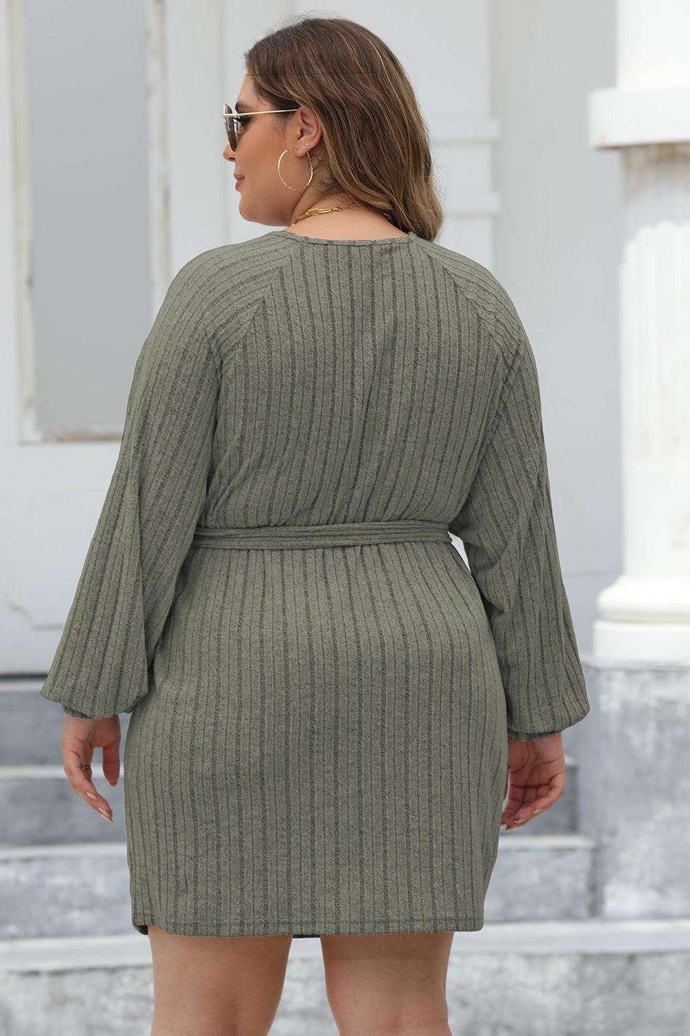 Plus Size Ribbed Tie Front Long Sleeve Sweater Dress - UrbanEthereal