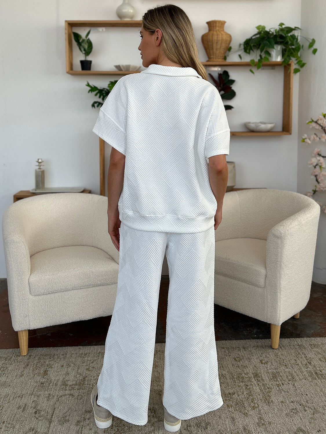 Double Take Full Size Texture Half Zip Short Sleeve Top and Pants Set - UrbanEthereal