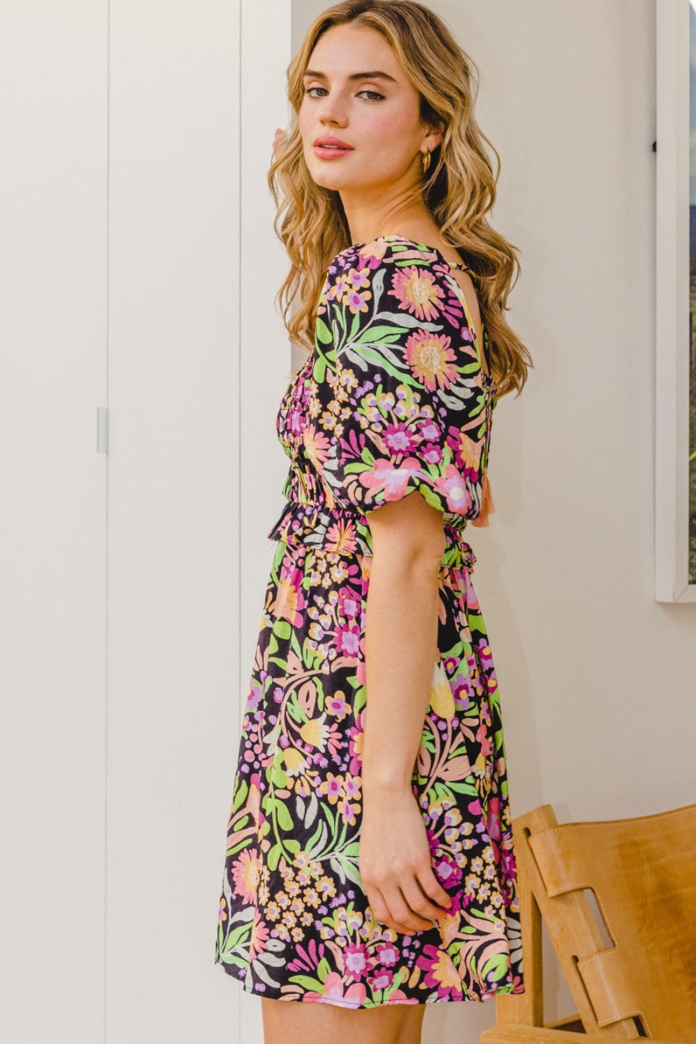 ODDI Full Size Floral Tie-Back Mini Dress - UrbanEthereal