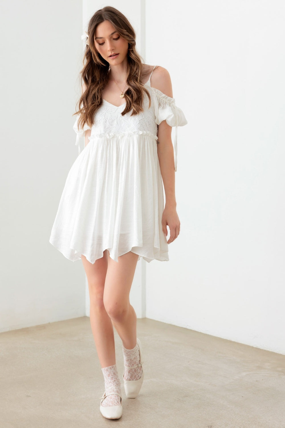 Mustard Seed Embroidered Floral Shirred Cold Shoulder Mini Dress - UrbanEthereal