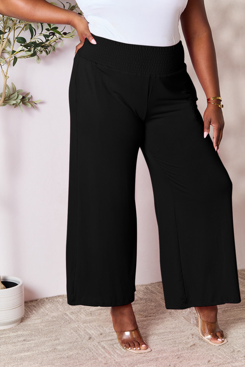 Double Take Full Size Smocked Wide Waistband Wide Leg Pants - UrbanEthereal