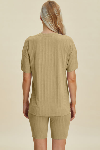 Basic Bae Full Size Ribbed V-Neck Short Sleeve Top and Shorts Set - UrbanEthereal