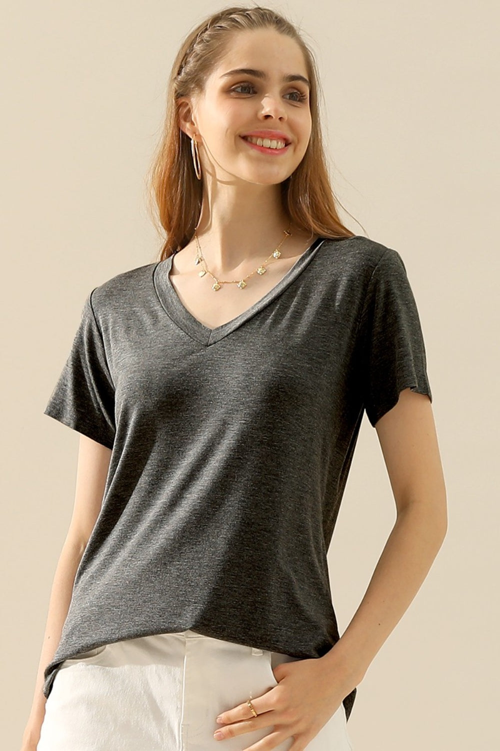 Ninexis Full Size V-Neck Short Sleeve T-Shirt - UrbanEthereal