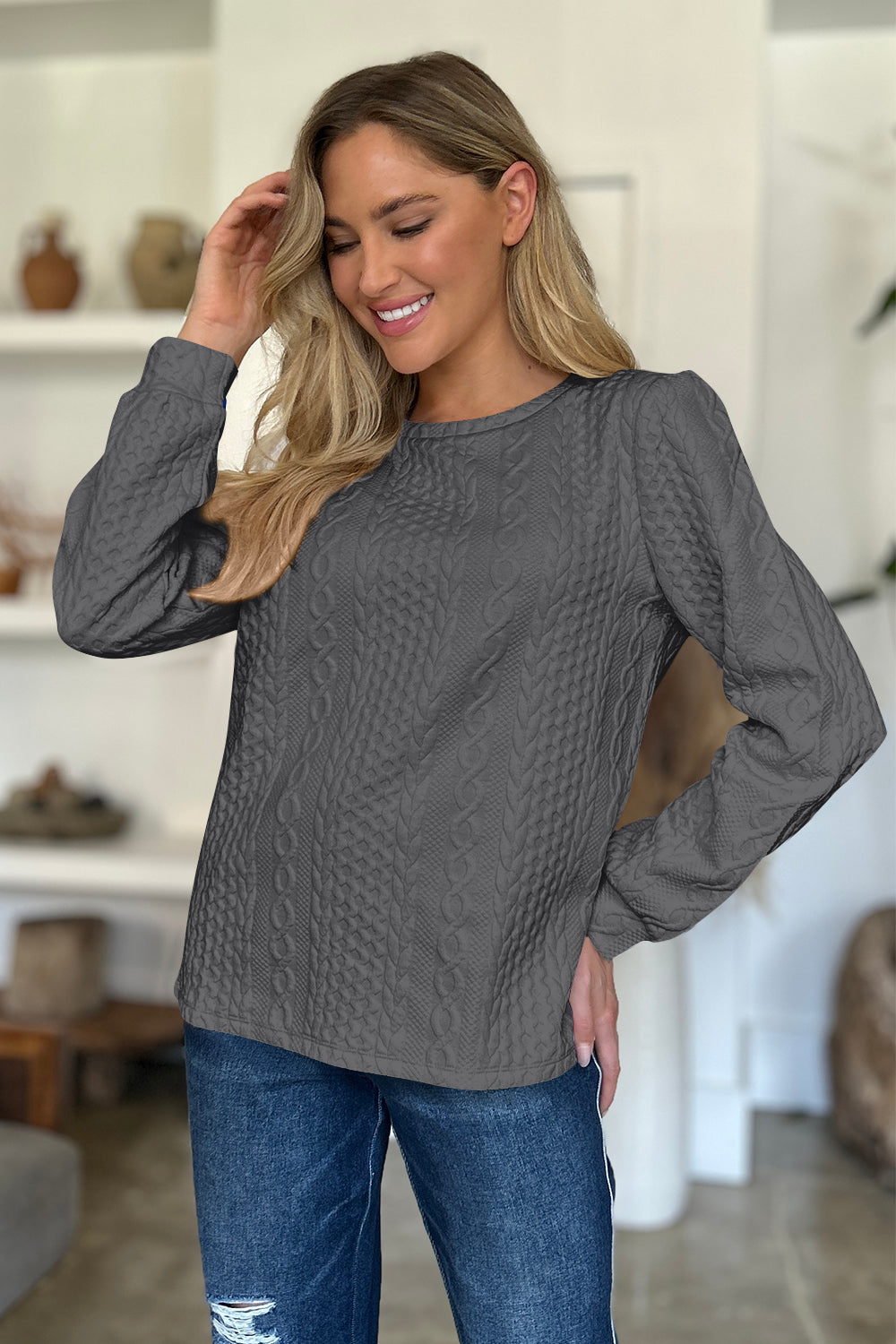 FAM-FAM Textured Round Neck Long Sleeve Sweatshirt