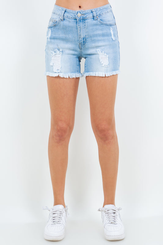 American Bazi High Waist Distressed Frayed Denim Shorts - UrbanEthereal