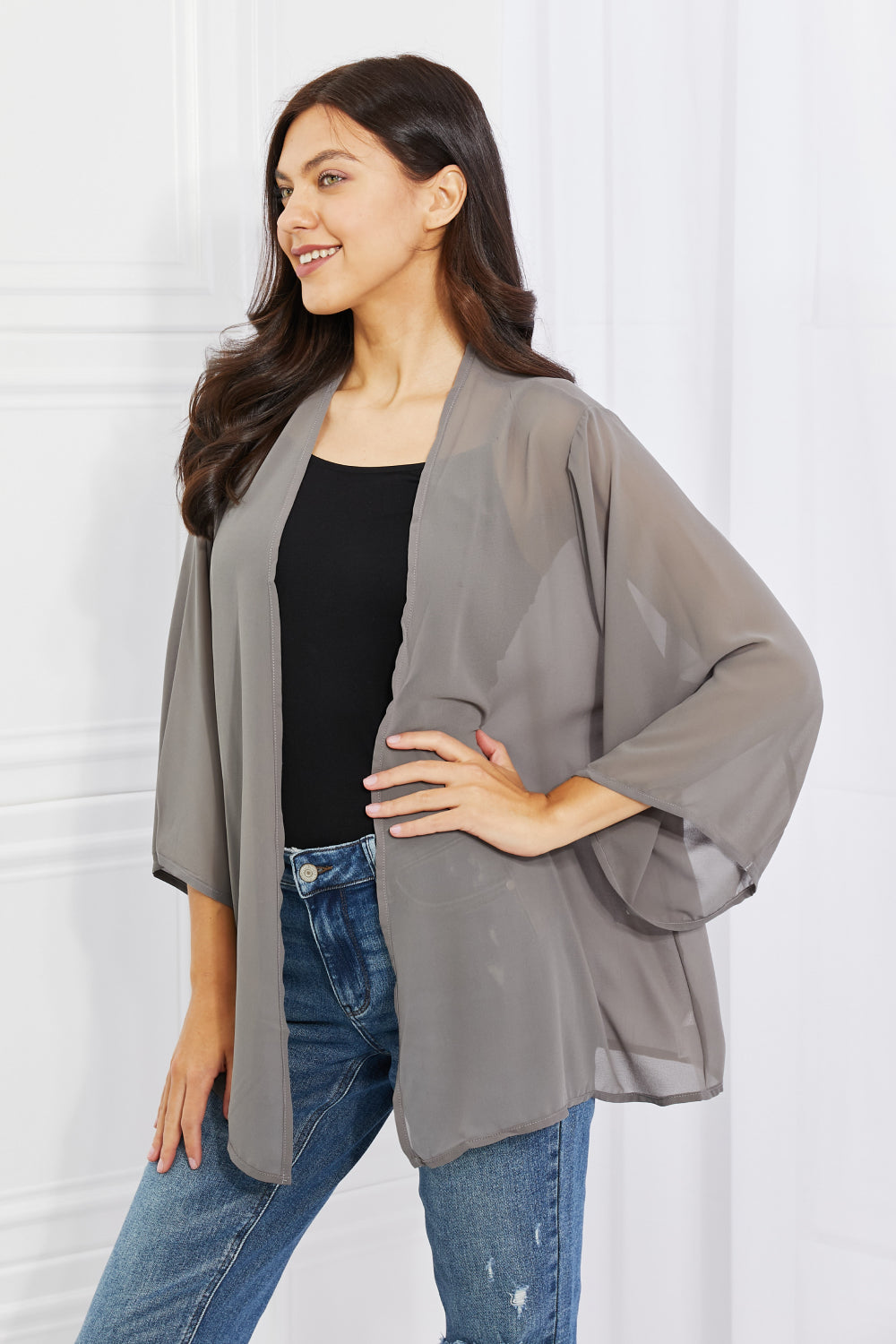 Melody Just Breathe Full Size Chiffon Kimono in Grey - UrbanEthereal