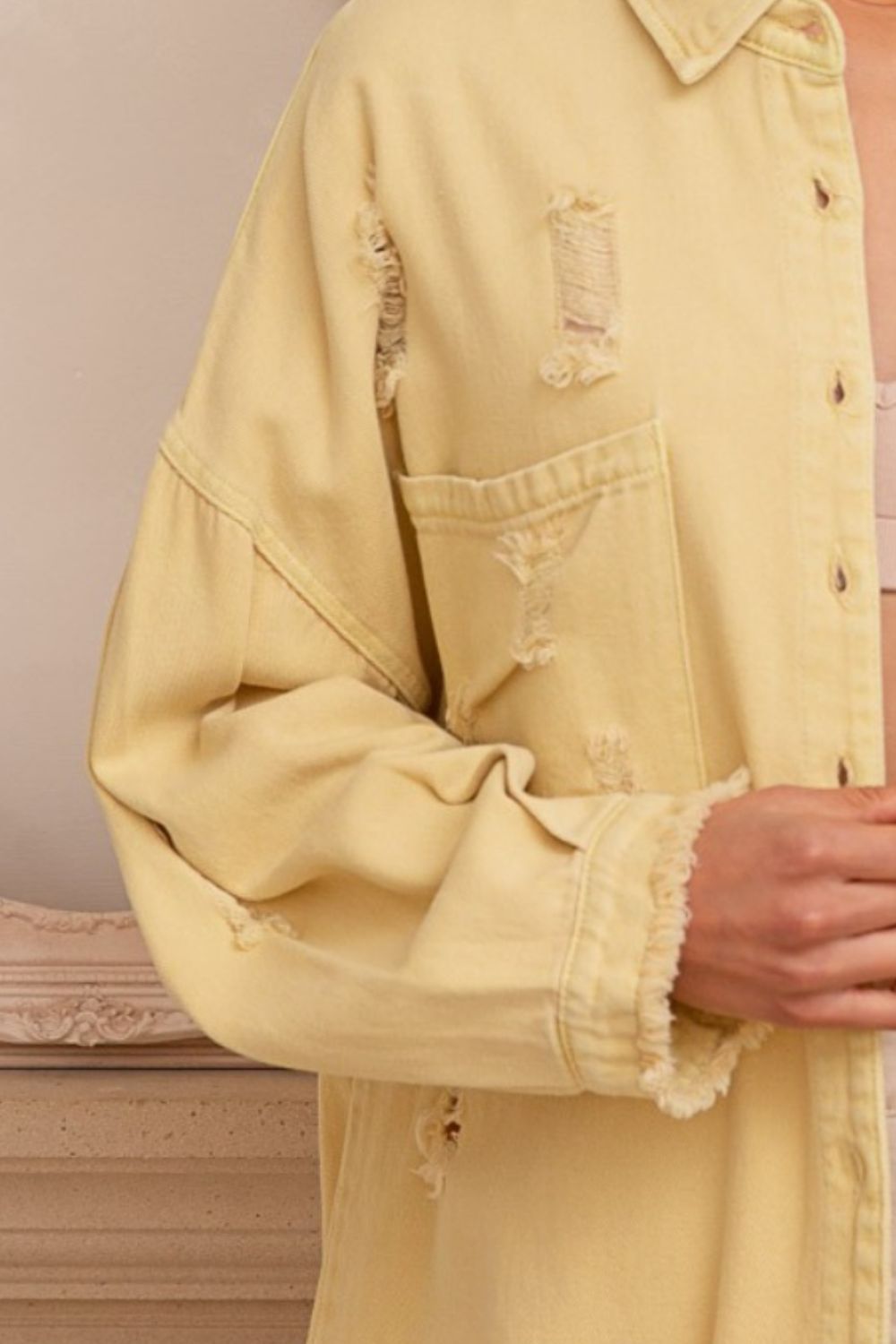 POL Button Down Raw Hem Distressed Shacket - UrbanEthereal