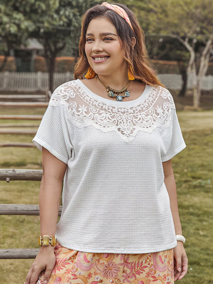 Plus Size Lace Detail Round Neck Short Sleeve Top - UrbanEthereal