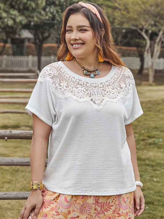 Plus Size Lace Detail Round Neck Short Sleeve Top - UrbanEthereal