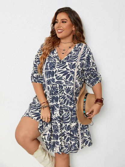Plus Size Printed V-Neck Half Sleeve Mini Dress - UrbanEthereal