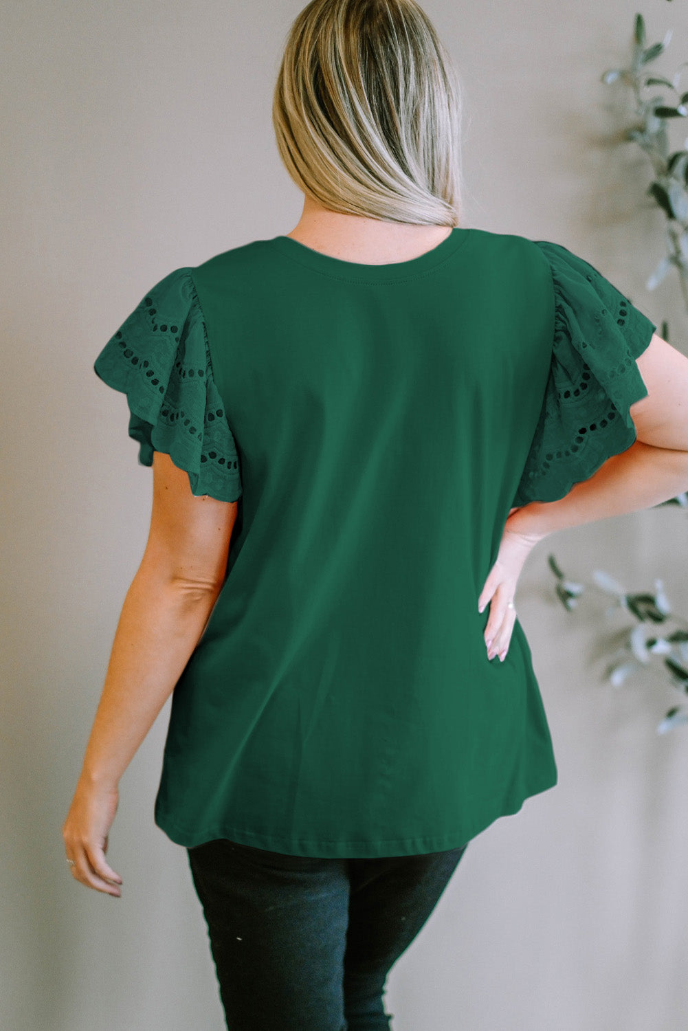Plus Size Eyelet Round Neck Short Sleeve Blouse - UrbanEthereal