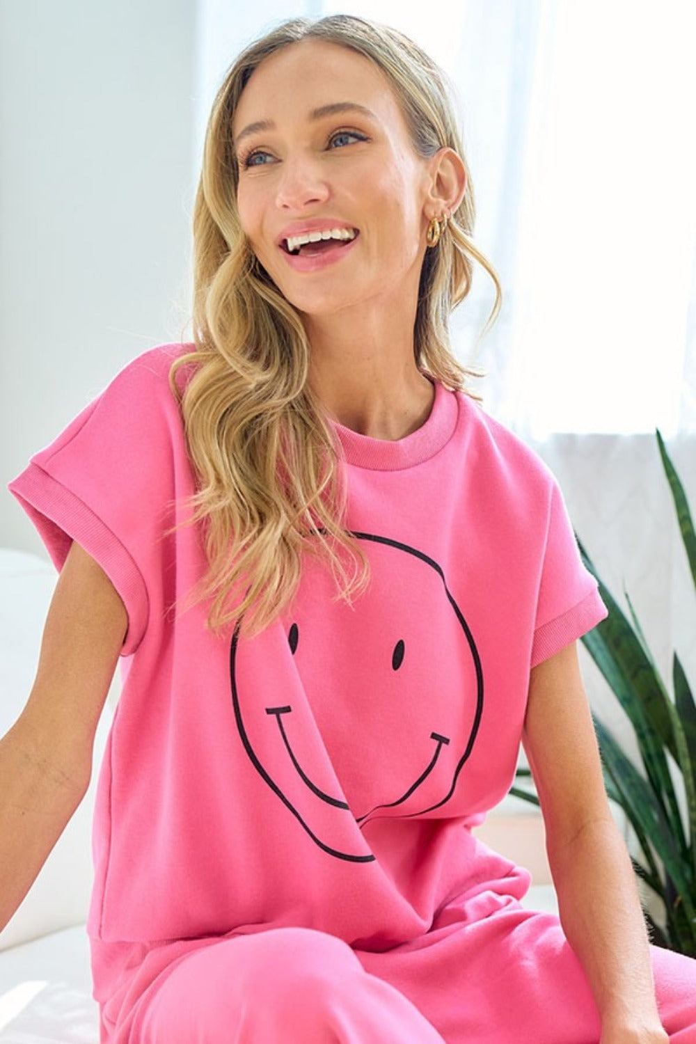 First Love Smile Face Drop Shoulder Brushed Inside T-Shirt - UrbanEthereal