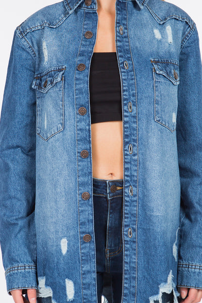 American Bazi Distressed Frayed Hem Denim Jacket - UrbanEthereal