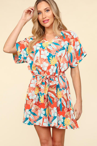 Haptics Tropical Floral Short Sleeve Tied Romper - UrbanEthereal