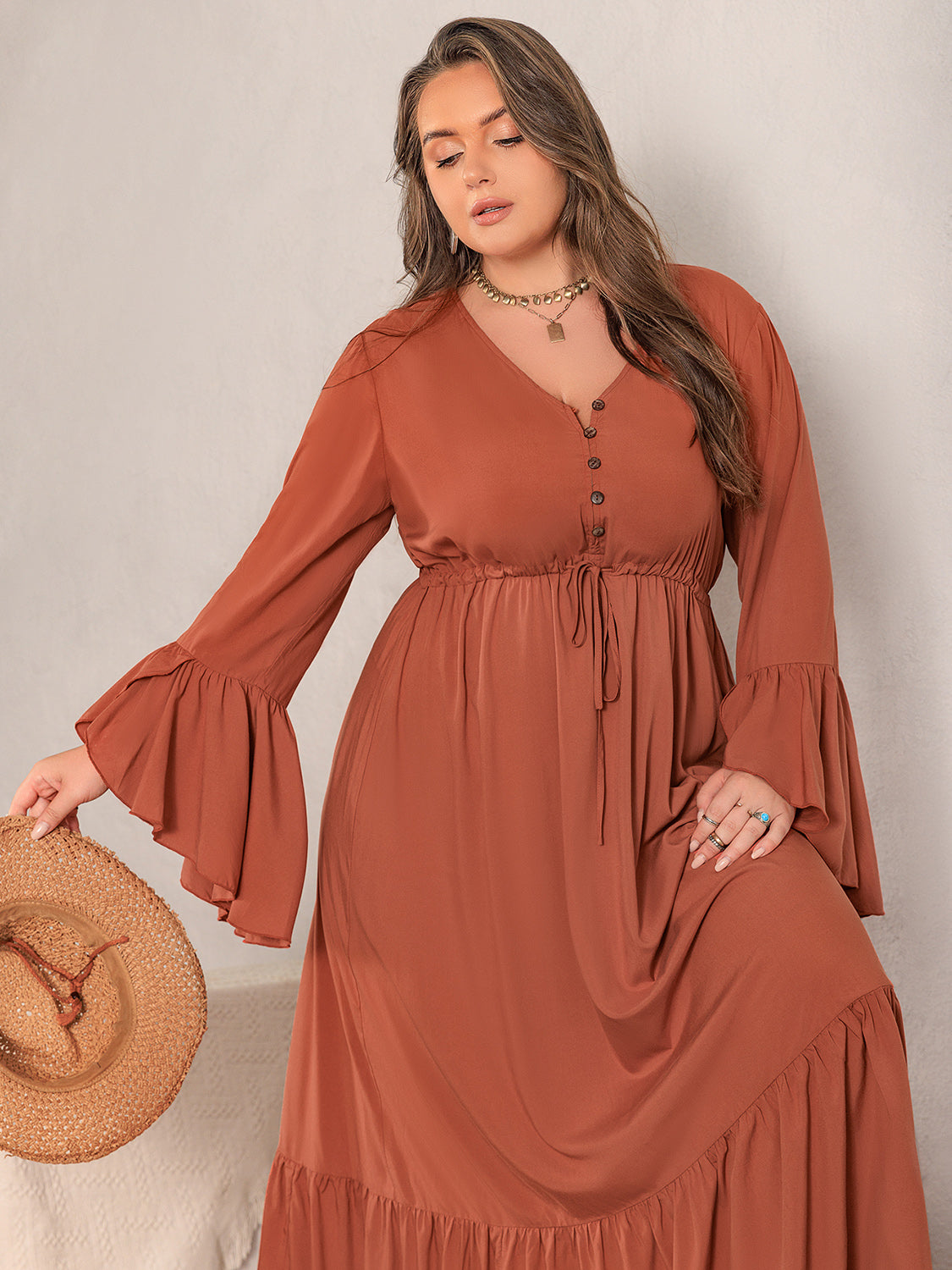 Plus Size V-Neck Flare Sleeve Maxi Dress - UrbanEthereal